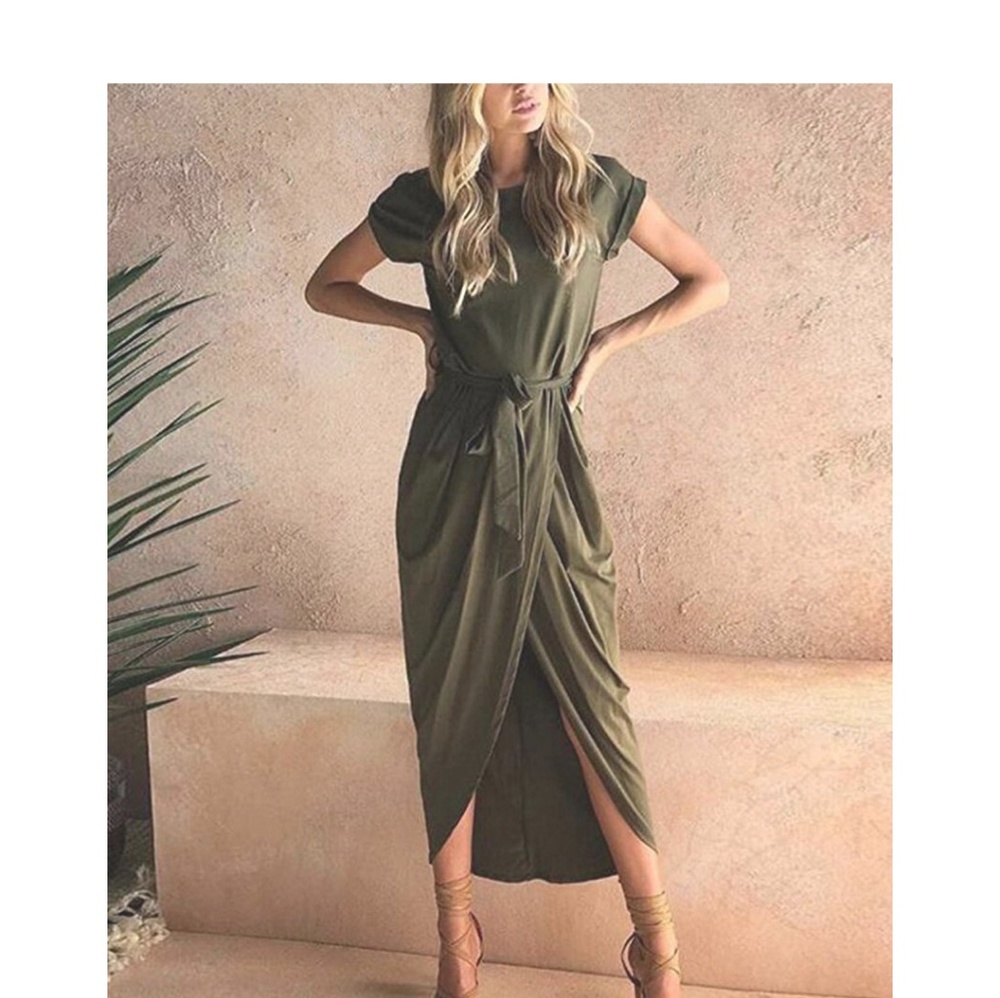 Army Green Belted Maxi Dress - Picture 3 of 7